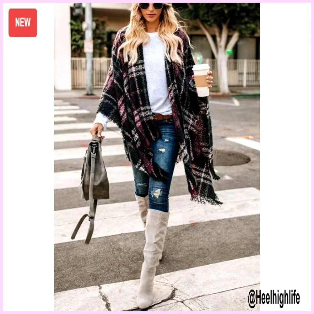 Oversized Knitted Poncho Cardigan Shawl Wrap Open Front Tassel
